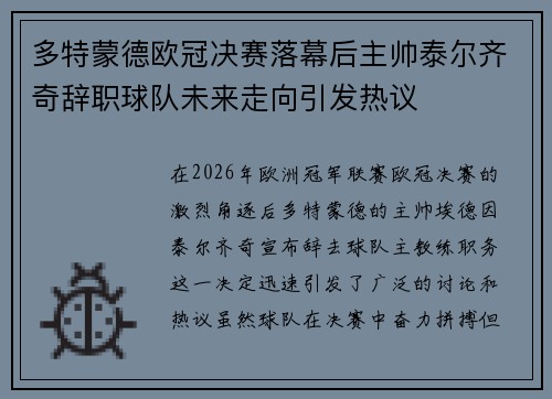 多特蒙德欧冠决赛落幕后主帅泰尔齐奇辞职球队未来走向引发热议 多特蒙德欧冠决赛落幕后主帅泰尔齐奇辞职球队未来走向引发热议
