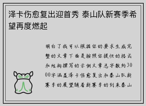 泽卡伤愈复出迎首秀 泰山队新赛季希望再度燃起